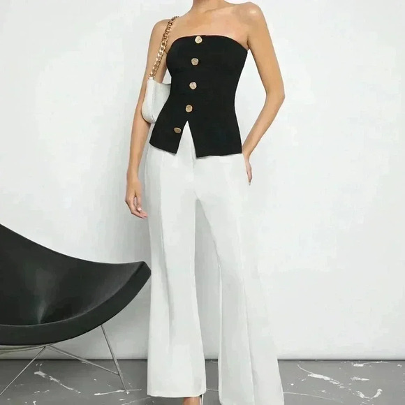 Black Casual Women's Button Front Split Hem Bandeau Top - Picture 5 of 7